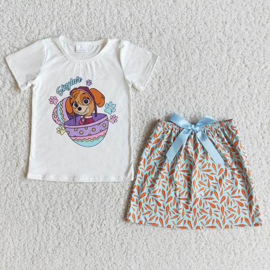 Promotion Easter Baby Girl Short Sleeves Dog Cartoon Dog Shirt Carrots Skirt Set RTS