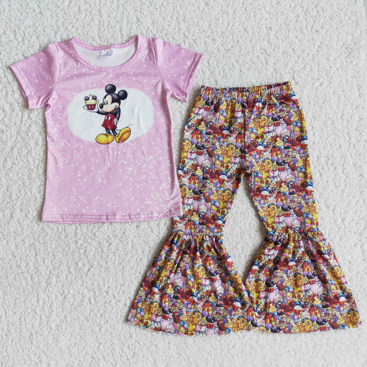 Promotion Baby Girl Pink Short Sleeves Mouse Shirt Bell Pants Cartoon Set RTS