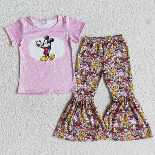Promotion Baby Girl Pink Short Sleeves Mouse Shirt Bell Pants Cartoon Set RTS