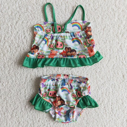 Promotion Baby Girl Straps Cartoon Melon Green Tops Shorts Bathing Swimwear Set RTS