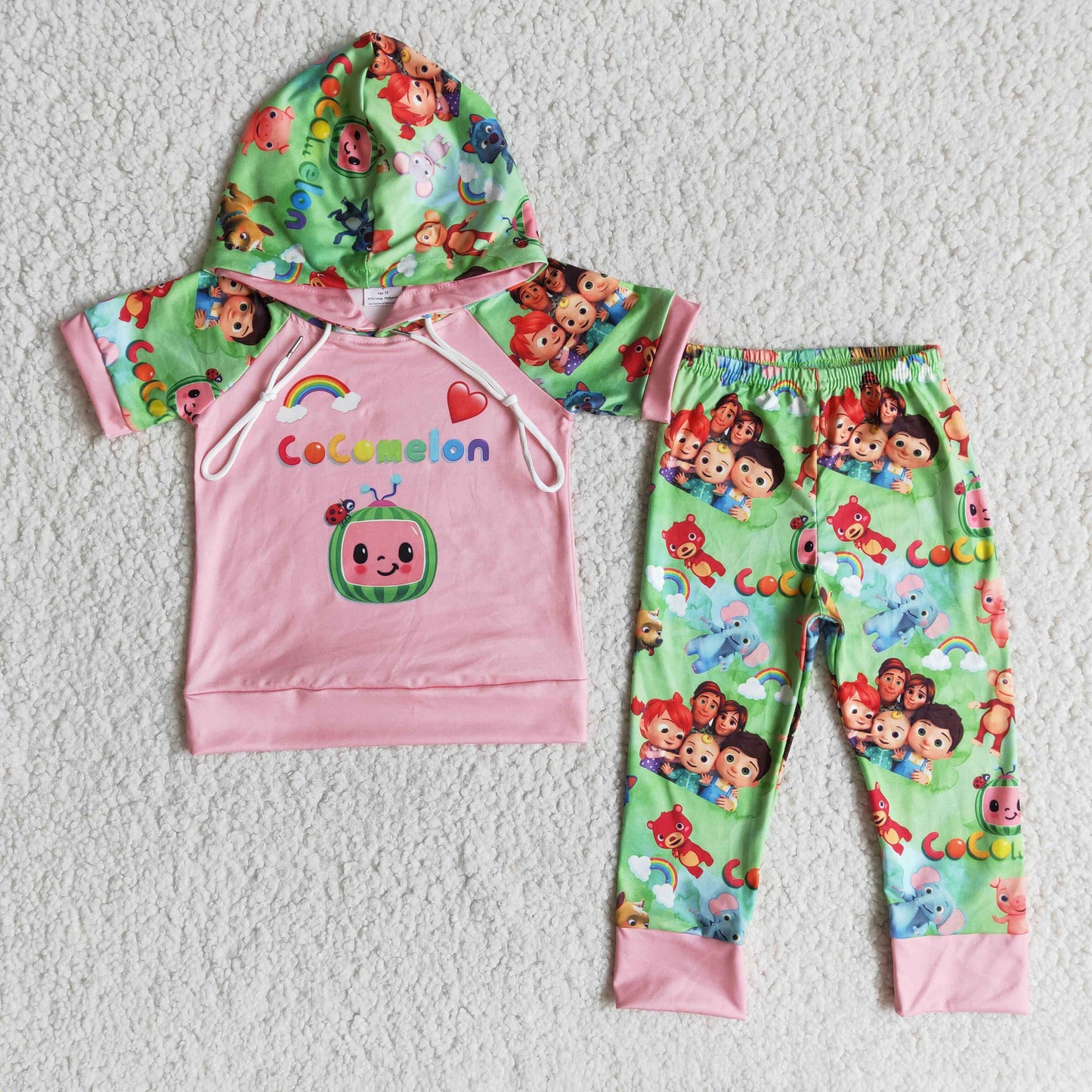 Promotion Baby Kids Short Sleeves Hoodie Melon Shirt Pants Set RTS