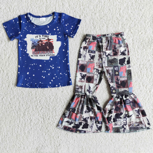 Promotion Baby Girl Blue Short Sleeves Singer Shirt Bell Pants Western Set RTS