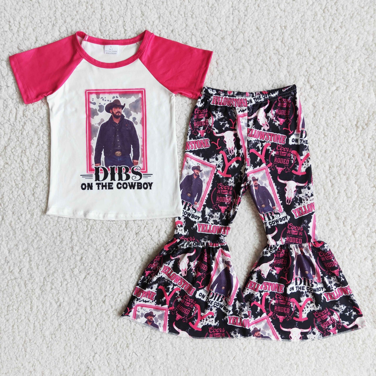 Promotion Baby Girl Short Sleeves Singer Shirt Western Cow Bell Pants Set RTS