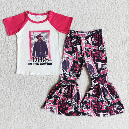 Promotion Baby Girl Short Sleeves Singer Shirt Western Cow Bell Pants Set RTS