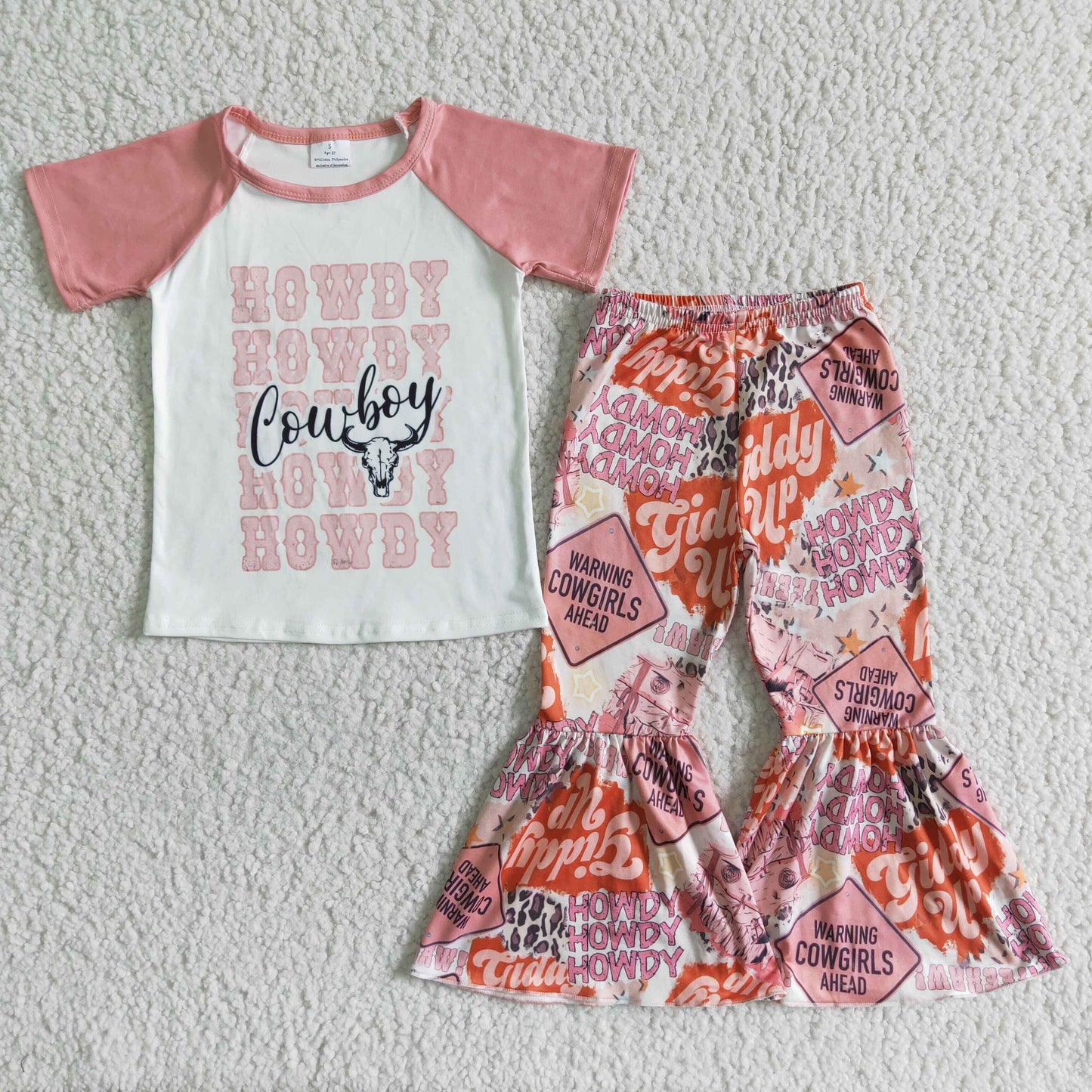 Promotion Baby Girl Short Sleeves Western Shirt Howdy Bell Pants Set RTS
