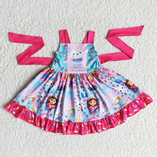 Promotion Baby Girl Straps Ruffle Cats Cartoon Twirl Dress RTS