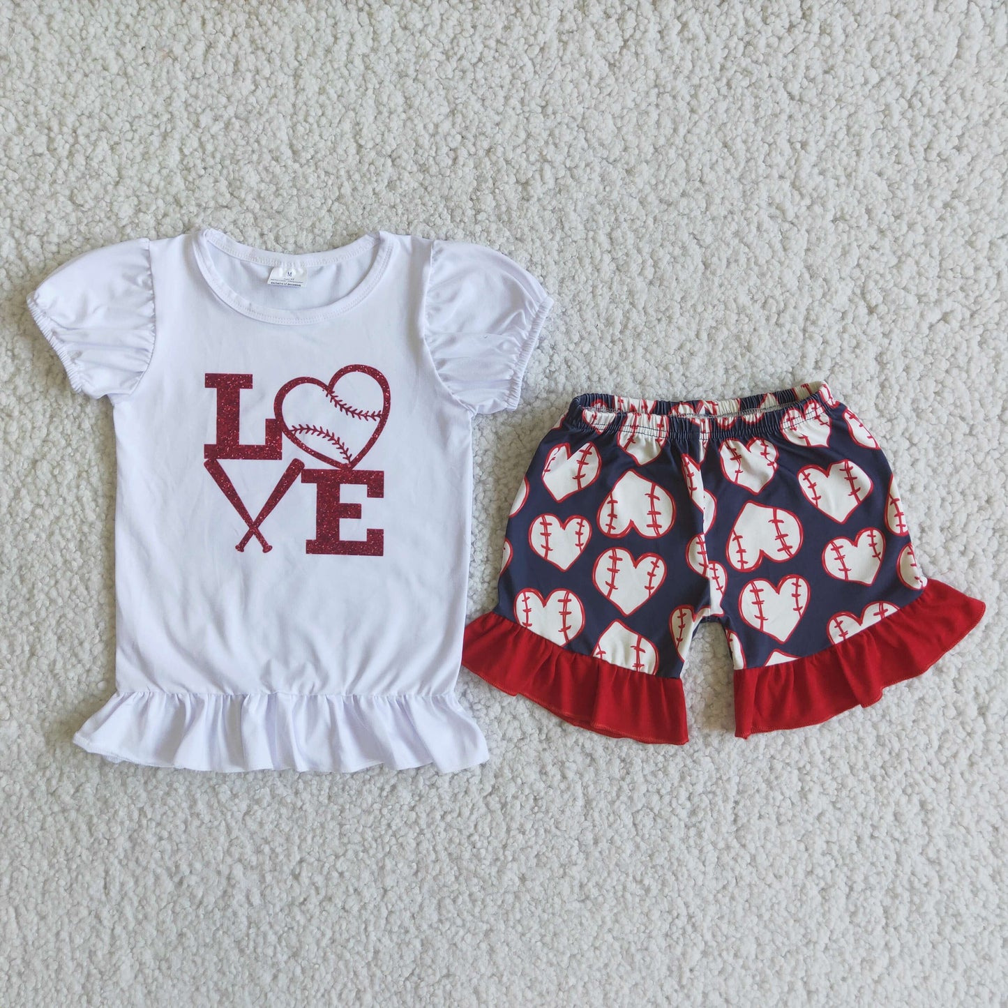 Promotion Baby Girl Short Sleeves Love Shirt Heart Baseball Shorts Set RTS