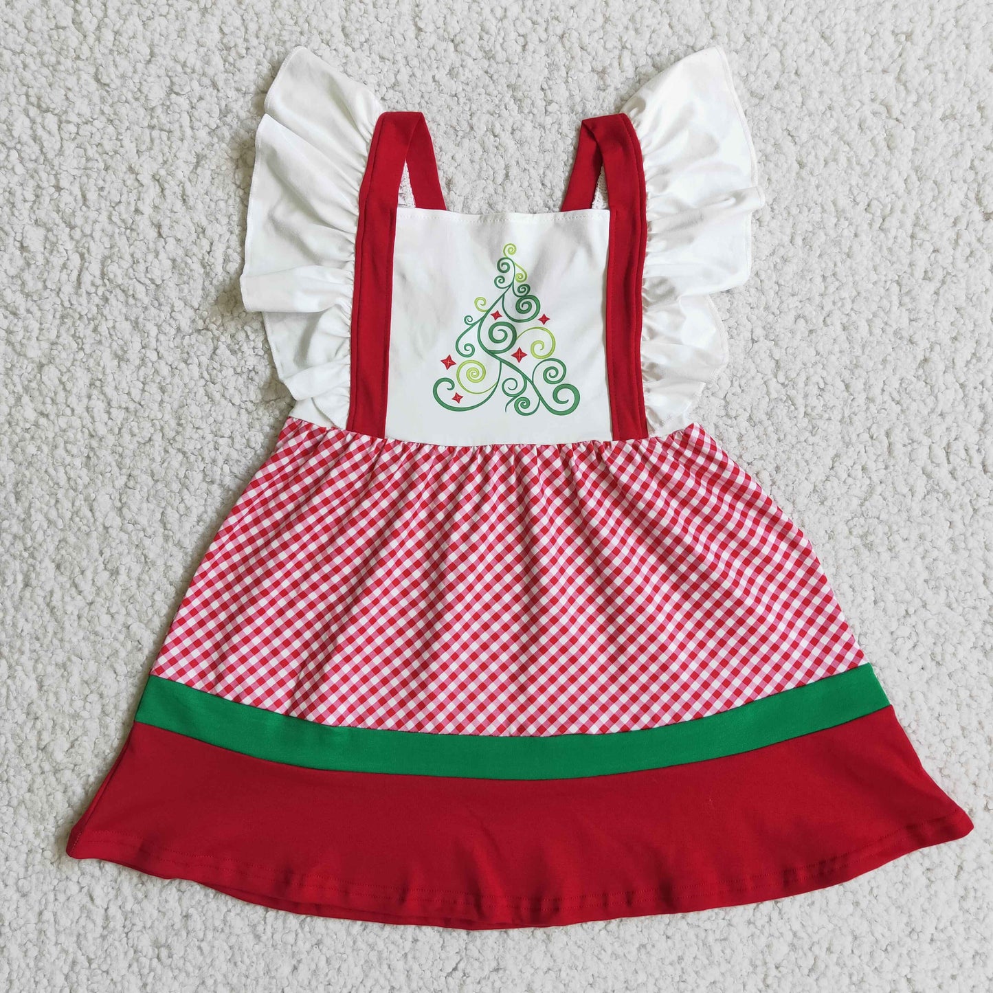 Promotion Baby Girl Short Sleeves Christmas Tree Red Plaid Dress RTS