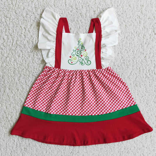 Promotion Baby Girl Short Sleeves Christmas Tree Red Plaid Dress RTS