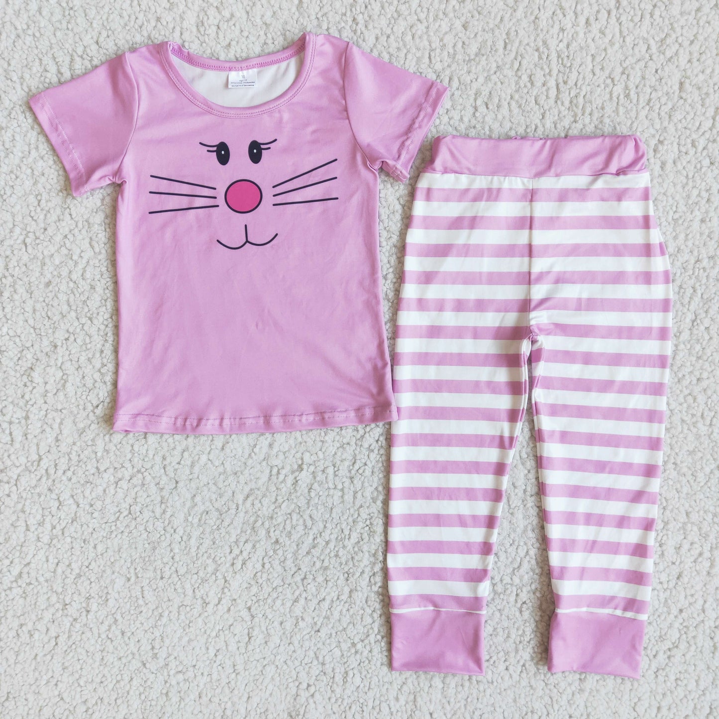 Promotion Baby Girl Short Sleeves Easter Rabbit Shirt Stripes Pants Pink Set