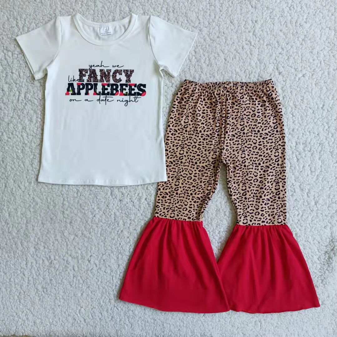 Promotion Baby Girl Shirt Sleeves Fancy Shirt Leopard Bell Pants Set RTS