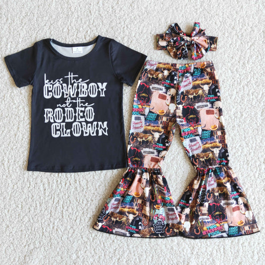 Promotion Baby Girl Short Sleeves Cowboy Rodeo Shirt Bell Pants Western Set RTS