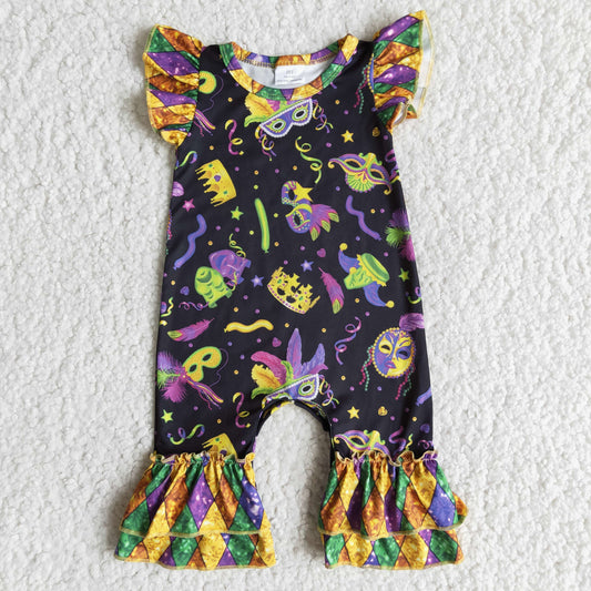 Promotion Baby Girl Short Sleeves Masks Mardi Gras Romper RTS