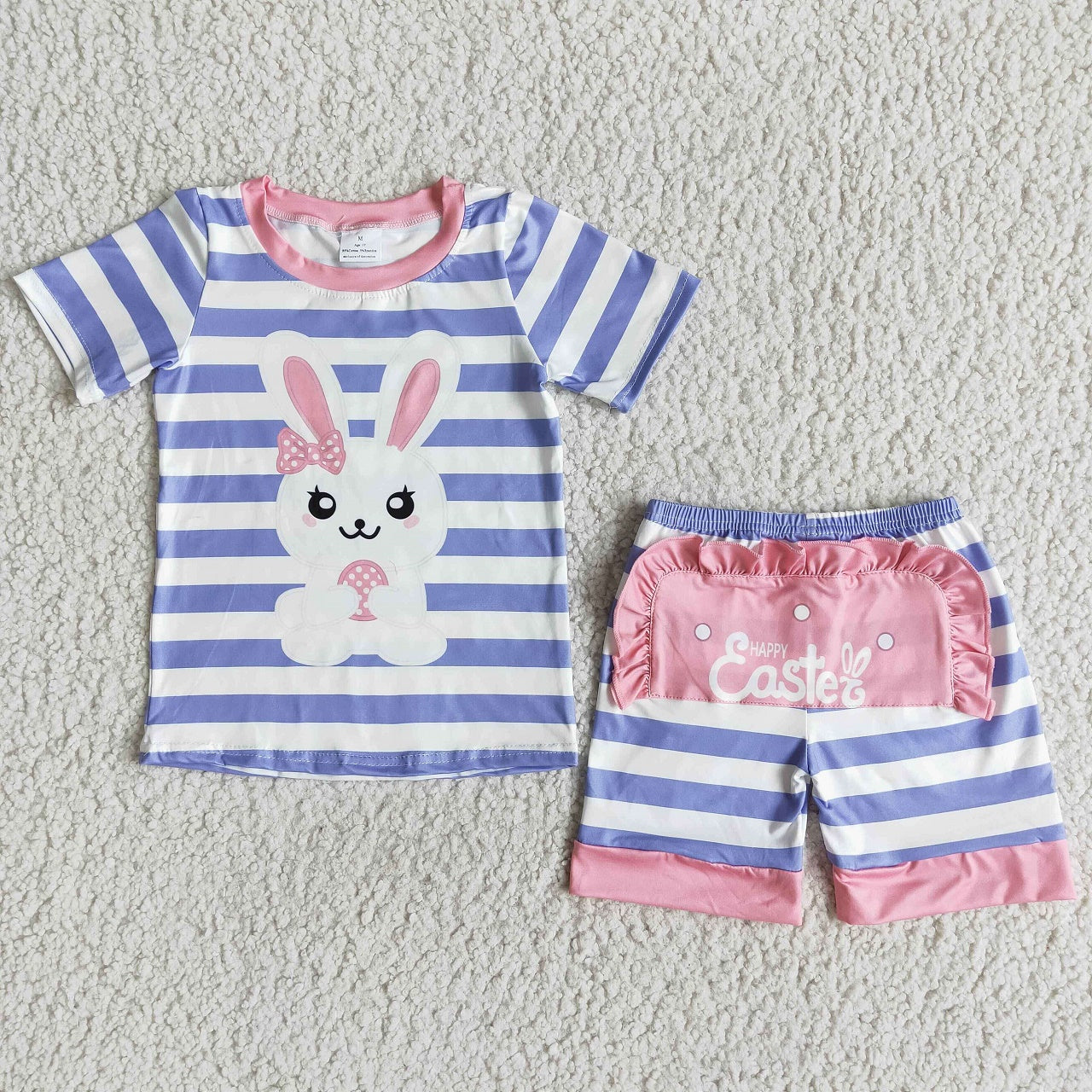 Promotion Easter Baby Boy Short Sleeves Rabbit Shirt Stripes Shorts Set