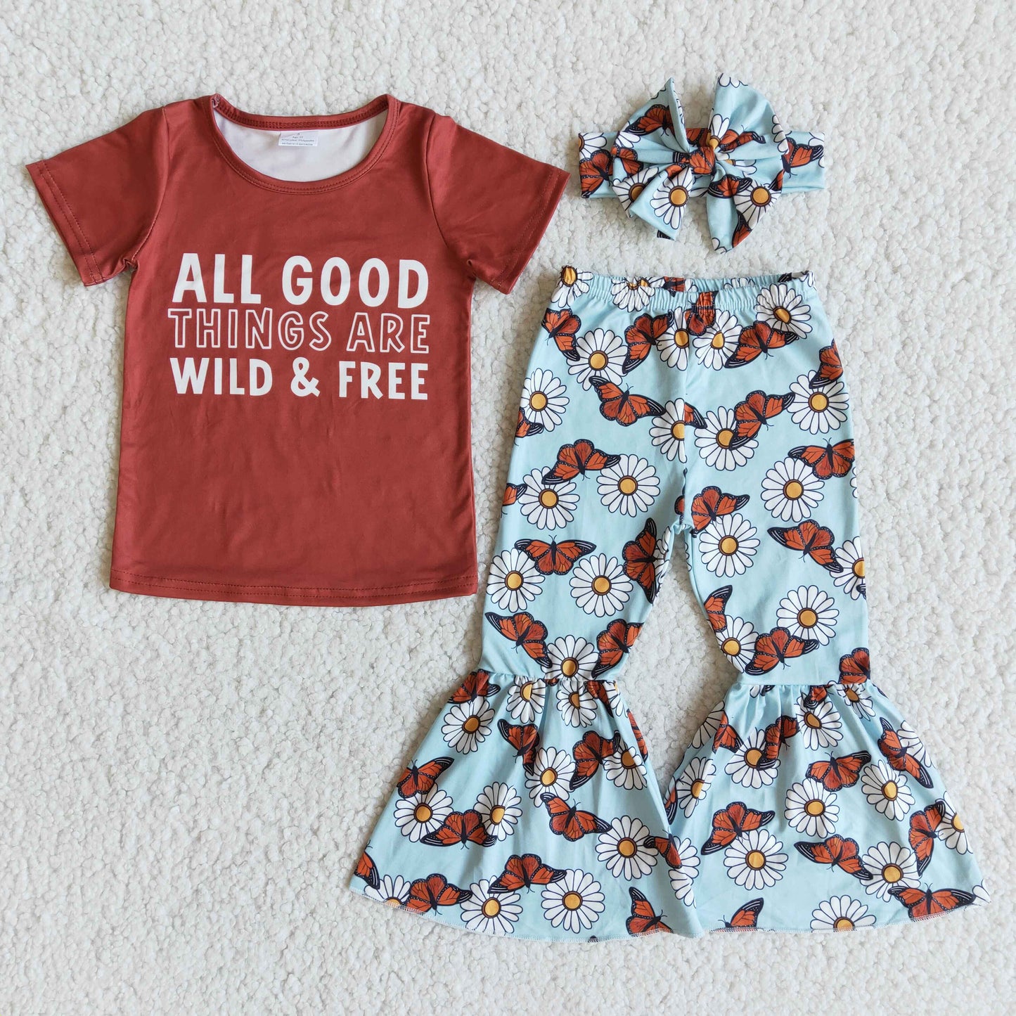Promotion Baby Girl Short Sleeves Shirt Floral Butterflies Bell Pants Set