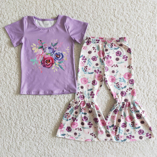 Promotion Baby Girl Short Sleeves Purple Shirt Floral Bell Pants Set