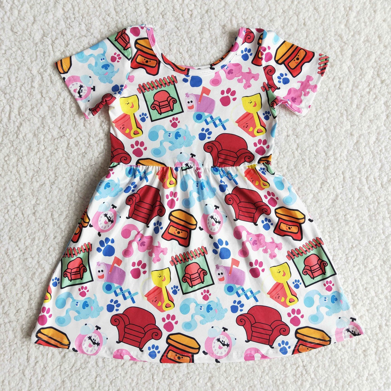 Promotion Baby Girl Short Sleeves Dogs Cartoon Knee Length Dress