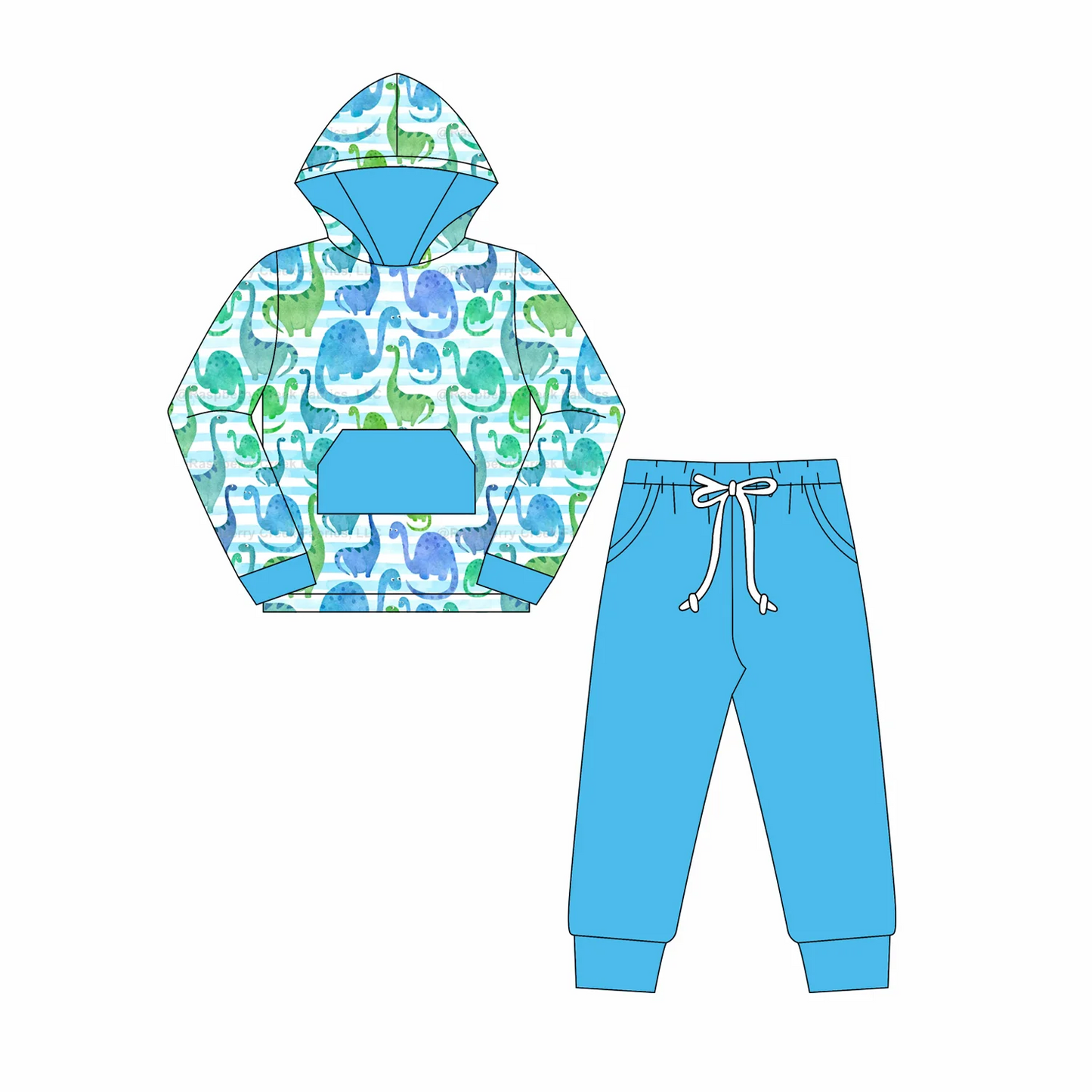 ( Moq 5 ) Preorder Baby Boy Long Sleeves Dinosaurs Pocket Hoodie Shirt Blue Pants Set