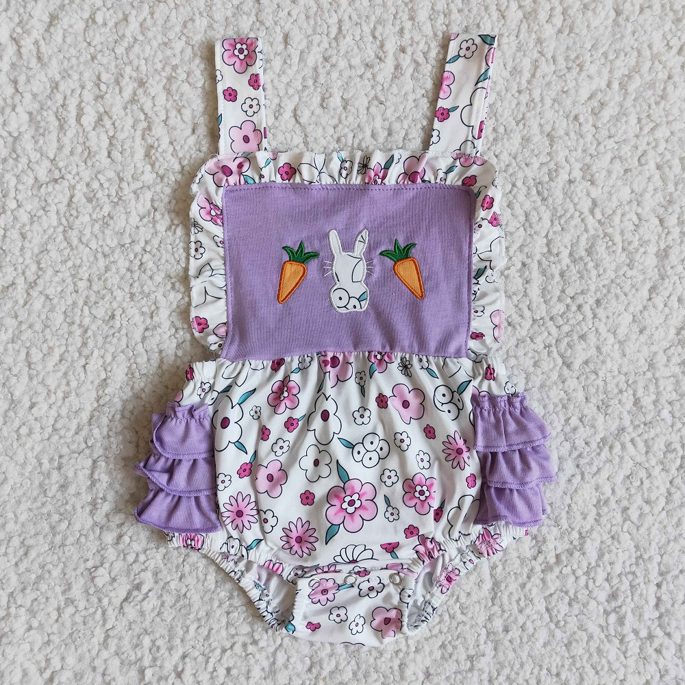 Promotion E8-14 Easter Baby Girl Embroidery Rabbit Floral Ruffle Purple Romper