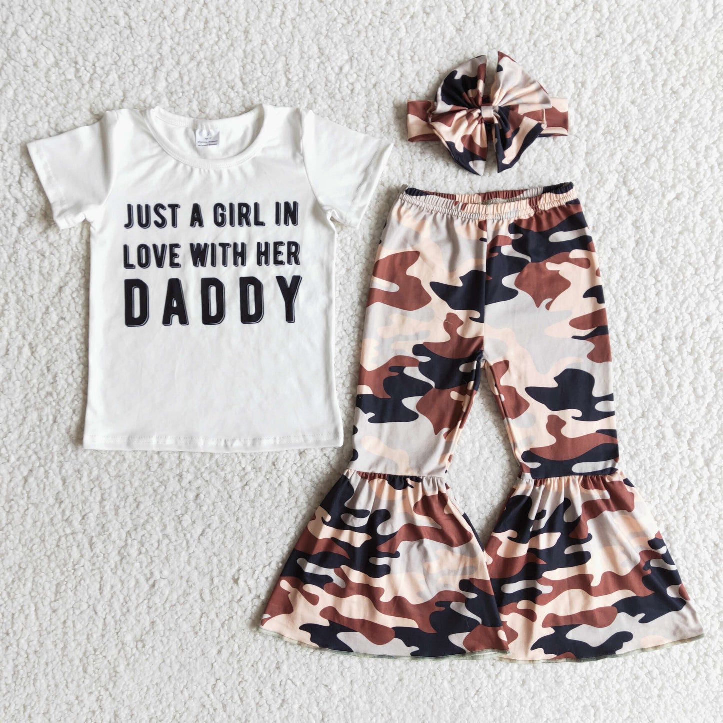 Promotion Baby Girl Short Sleeves Daddy Shirt Camo Bell Pants Outfit RTS