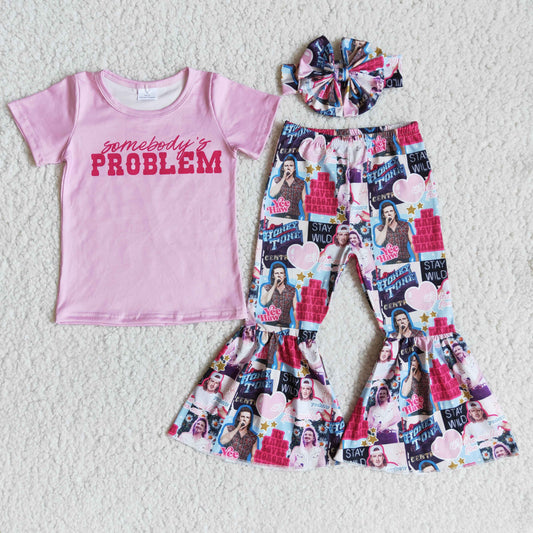 Promotion Baby Girl Pink Short Sleeves Shirt Singer Bell Pants Music Set