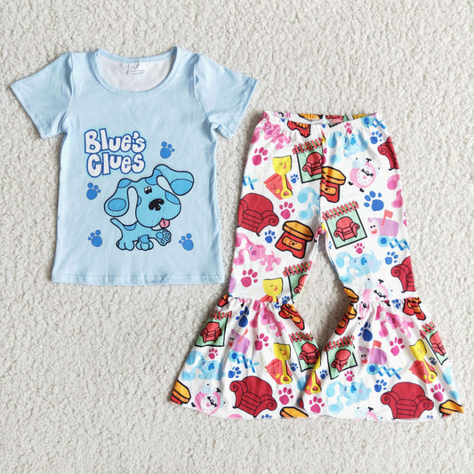 Promotion Baby Girl Short Sleeves Shirt Dogs Bell Pants Outfit RTS