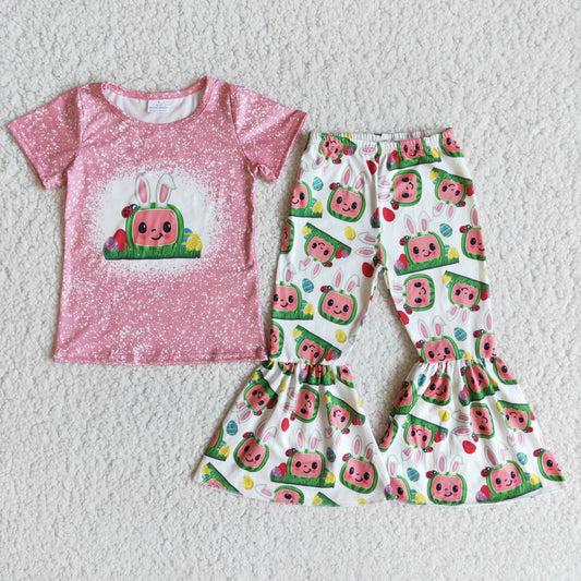 Promotion Baby Girl Short Sleeves Easter Cartoon Melon Shirt Bell Pants Set RTS