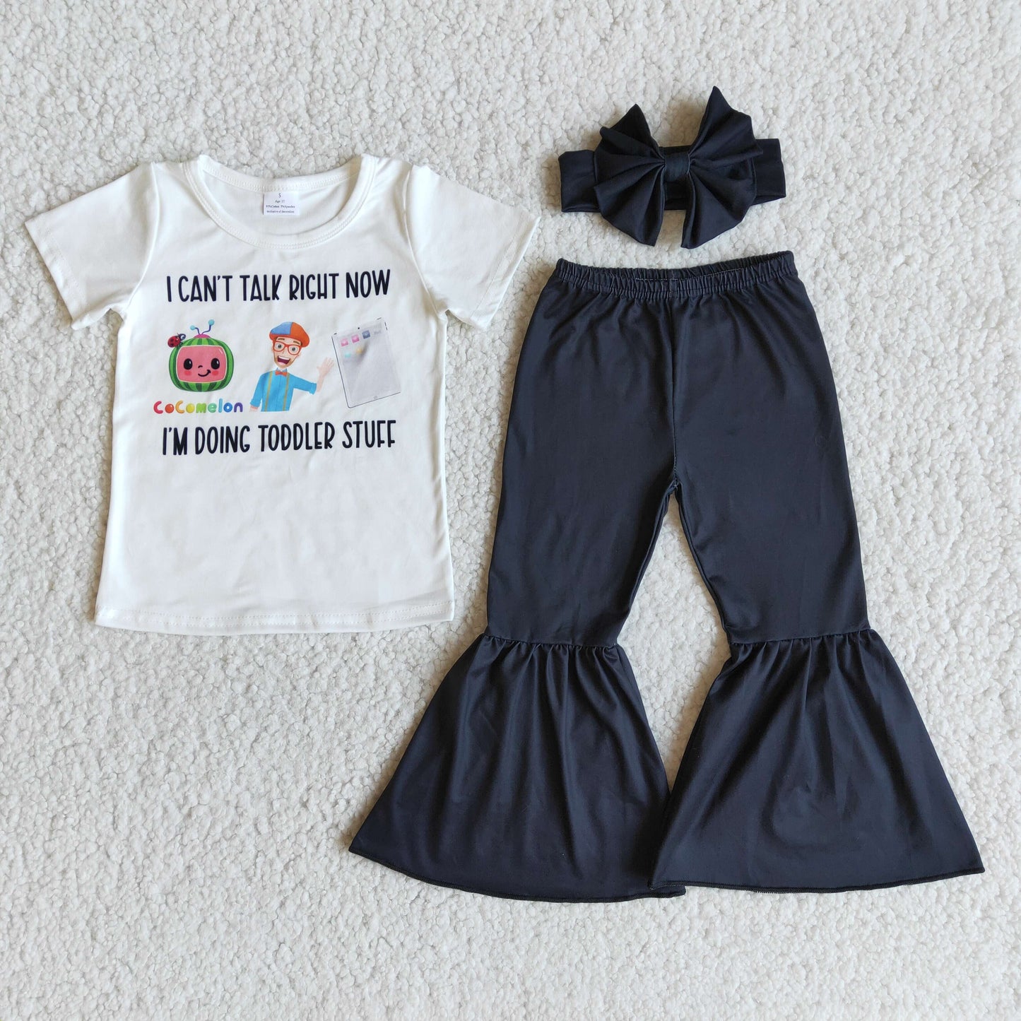 Promotion Baby Girl Short Sleeves Cartoon Shirt Black Bell Pants Outfit RTS