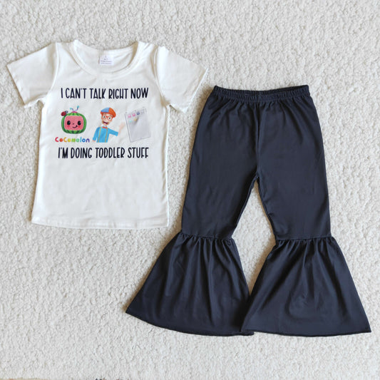 Promotion Baby Girl Short Sleeves Cartoon Shirt Black Bell Pants Outfit RTS