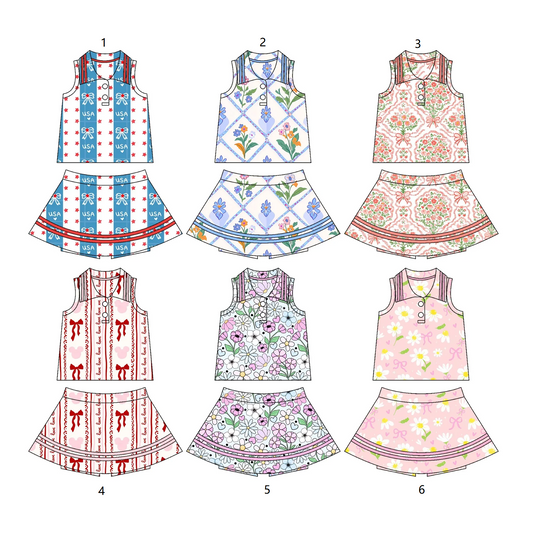 ( Moq 5 Each Style ) Baby Girl Sleeveless Flower Bows Buttons Tops Skorts Sibling Set 3.27