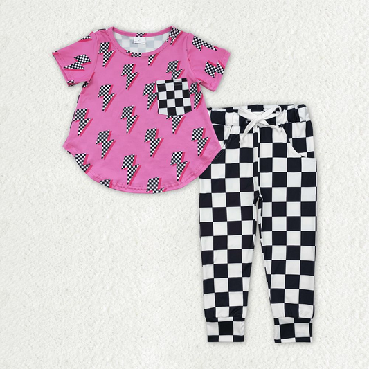 Baby Girl Short Sleeves Western Pink Shirt Checked Pocket Pants Set