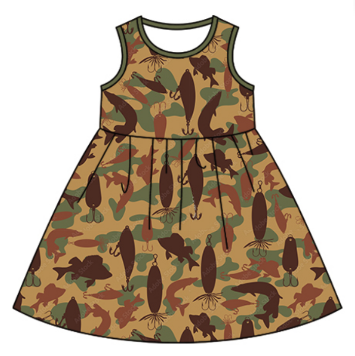 Baby Boy Girl Fishing Camo Sibling Matching Dress Romper Clothes Set ( Moq 5 Each style )