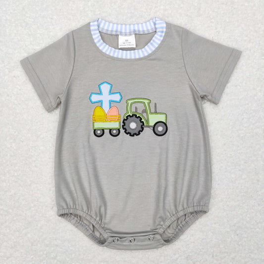 SR0490 Baby Boy Embroidery Easter Eggs Tractor One Piece Romper