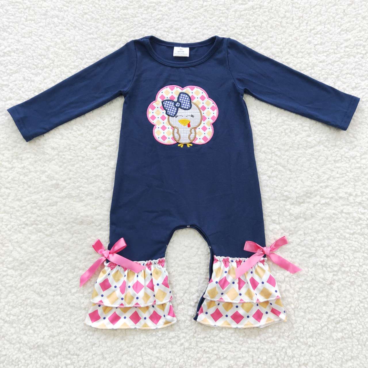 LR0326 Thanksgiving Baby Girl Long Sleeves Embroidery turkey One Piece Romper
