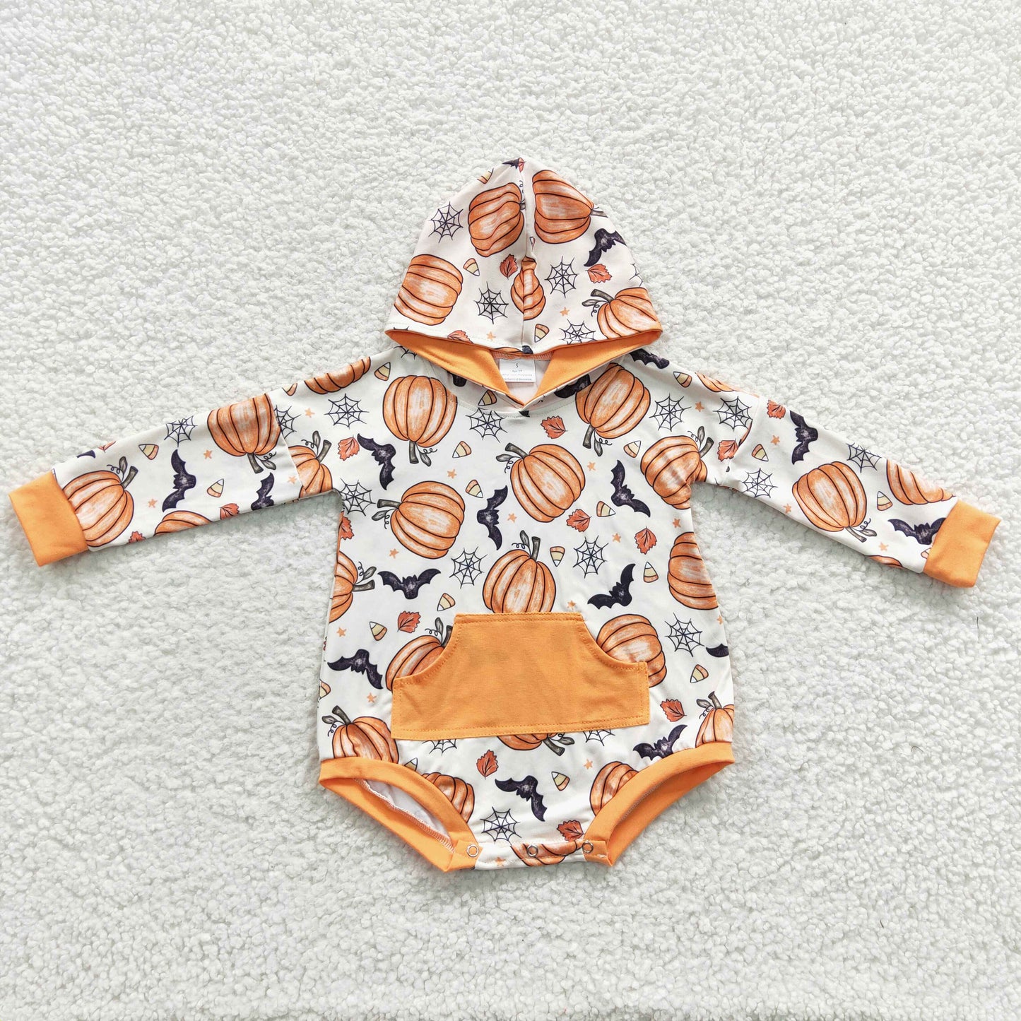 LR0273 Halloween Baby Kids Long Sleeves Hoodie Pumpkin Pocket Romper
