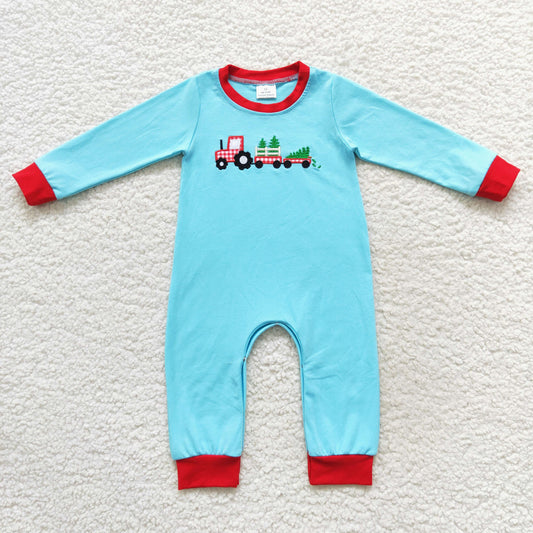 LR0500 Baby Boy Long Sleeves Christmas Embroidery Truck Tree One Piece Romper