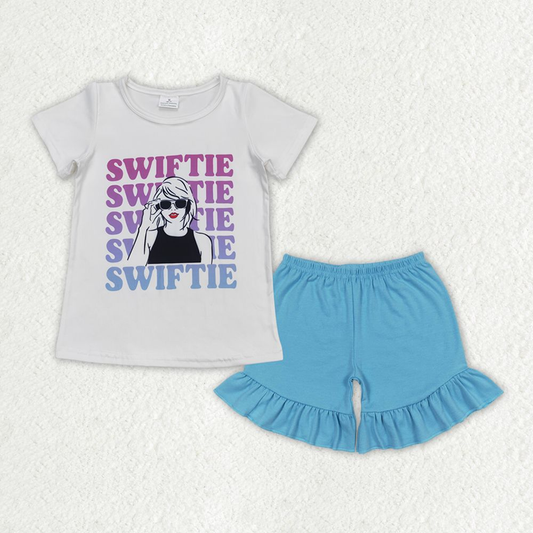 GSSO1381 Baby Girl Singer Shirt Light Blue Cotton Shorts Summer Set
