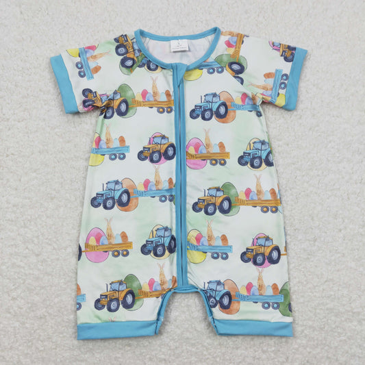 Baby Boy Easter Short Sleeves Rabbits Eggs Tractor Zipper One Piece Romper