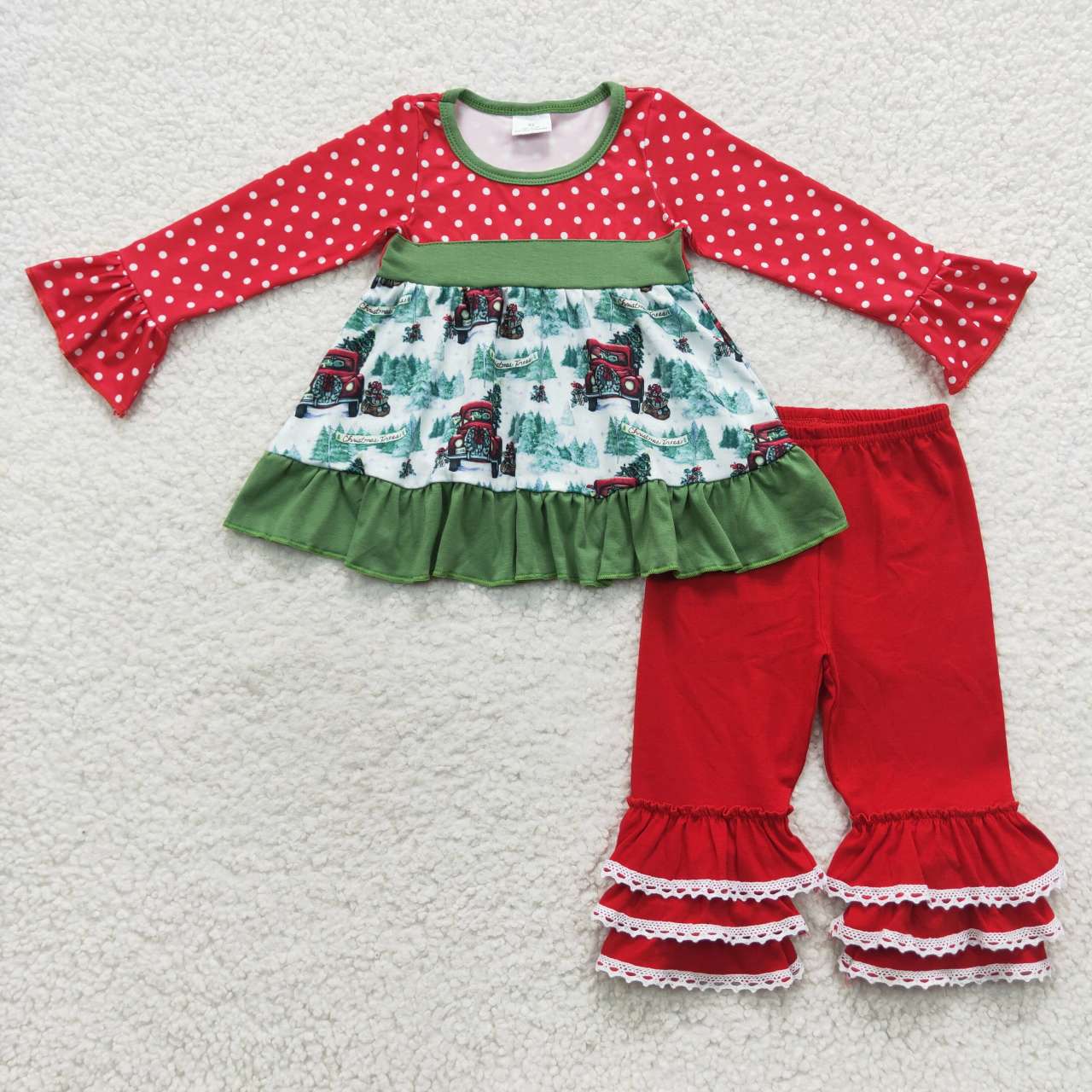 6 B5-16 Baby Girl Long Sleeves Christmas Tree Tunic Red Ruffle Cotton Pants Outfit