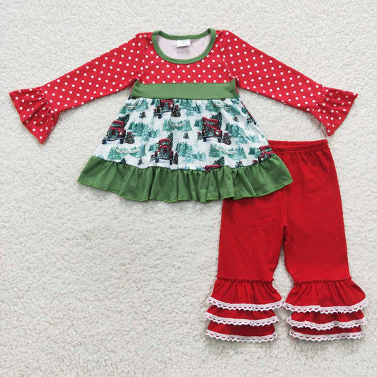 6 B5-16 Baby Girl Long Sleeves Christmas Tree Tunic Red Ruffle Cotton Pants Outfit