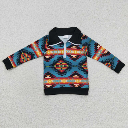 BT0227 Baby Boy Western Aztec Long Sleeves Zipper Shirt