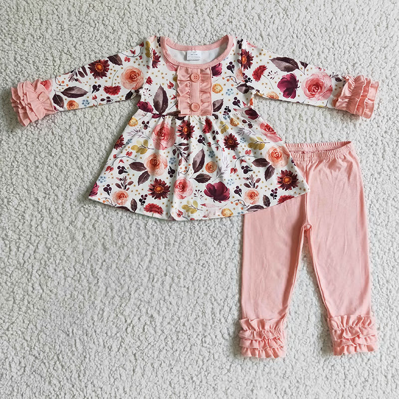 Promotion Baby Girl Kids Pink Floral Cotton Ruffle Pants Outfit