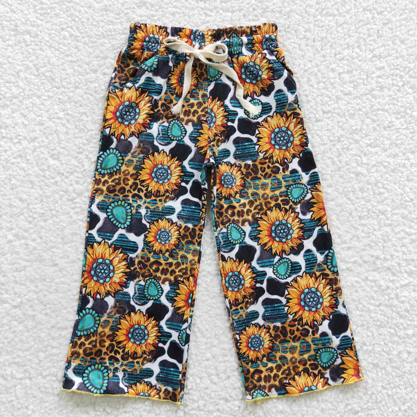 P0138 Western Baby Girl Sunflower Cow Print Pants