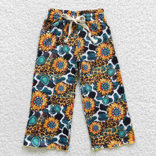 P0138 Western Baby Girl Sunflower Cow Print Pants