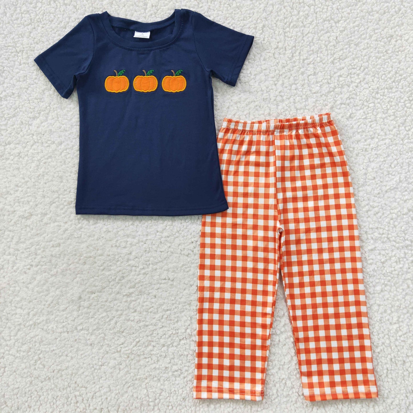 BSPO0145 Baby Boy Embroidery Pumpkin Short Sleeves Shirt Plaid Pants Outfit