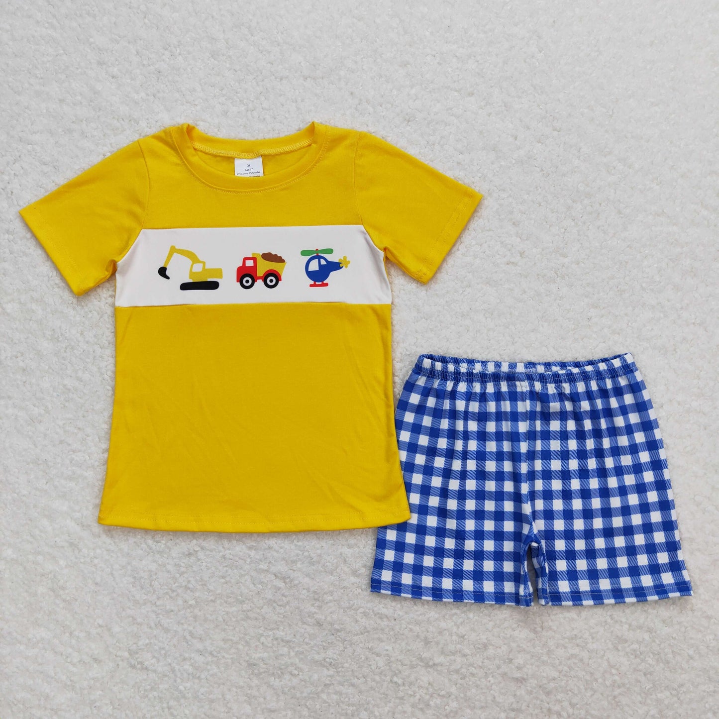 Baby Boy Summer Short Sleeves Plane Yellow Shirt Blue Plaid Shorts Set