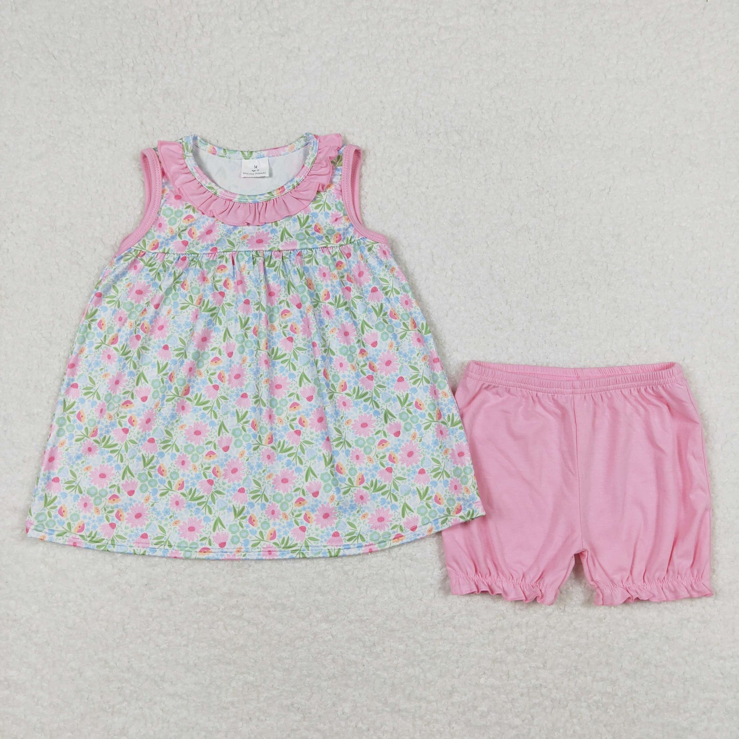 Baby Girl Sleeveless Floral Tunic Summer Pink Cotton Shorts Set
