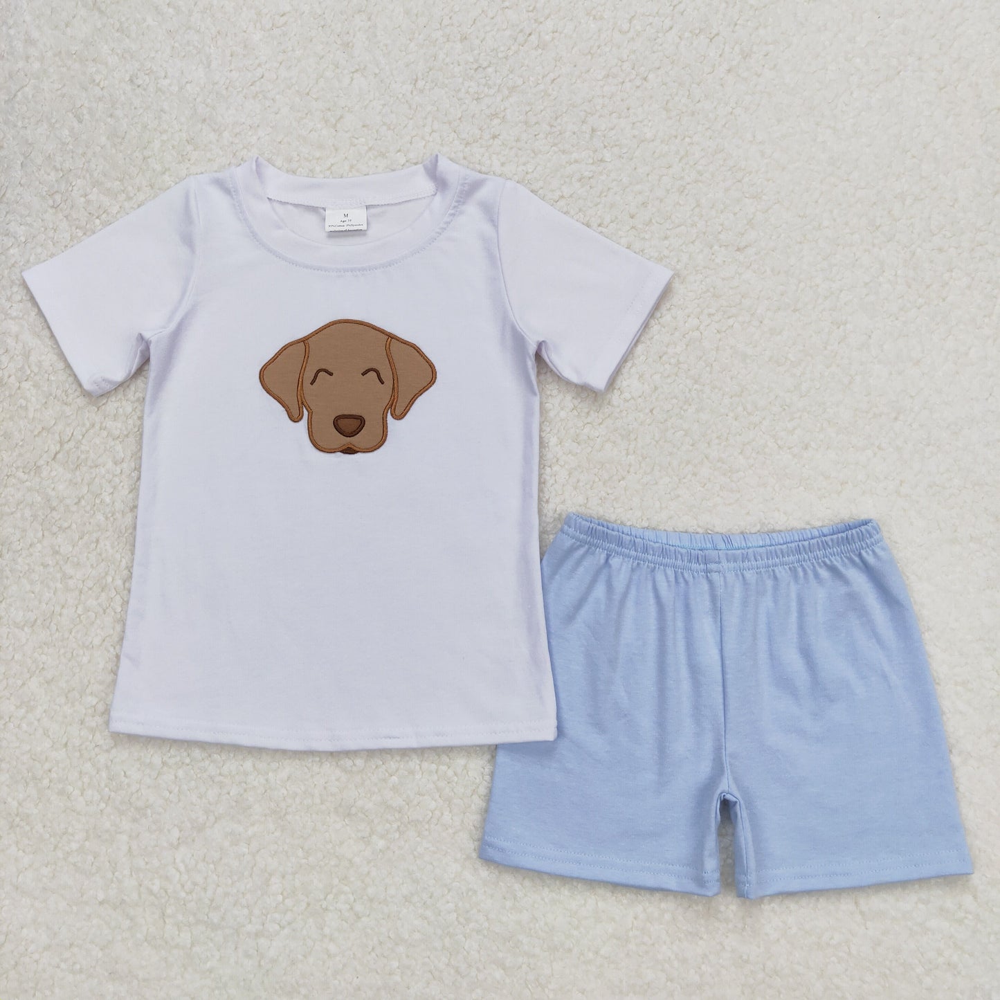 Baby Boy Summer White Short Sleeves Dog Embroidery Shirt Blue Shorts Cotton Set
