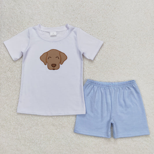 Baby Boy Summer White Short Sleeves Dog Embroidery Shirt Blue Shorts Cotton Set