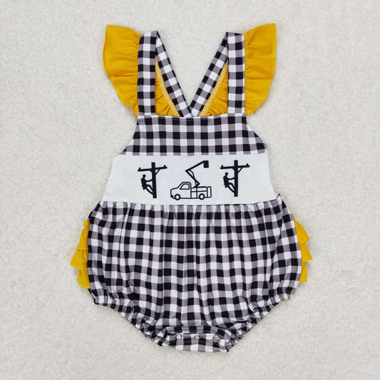 baby girl short sleeves lineman checkered ruffle bubble romper